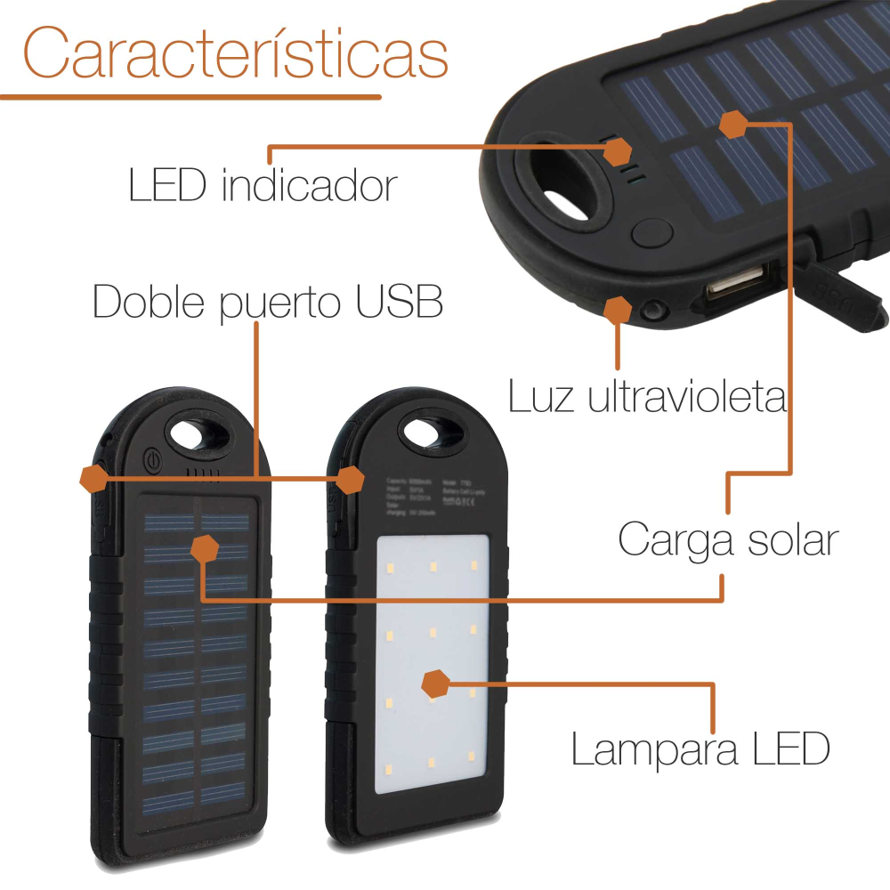 Power Bank Solar Batería 12000mah LuzLed
