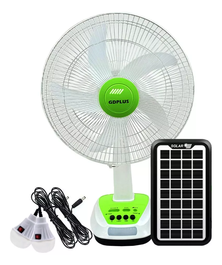 Ventilador Recargable Panel Solar 2 Bombillos
